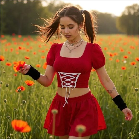 Love Mon Maison Lace-Up Red Crop Top w/ Puff Sleeves & Corset Detail M - Picture 1 of 4